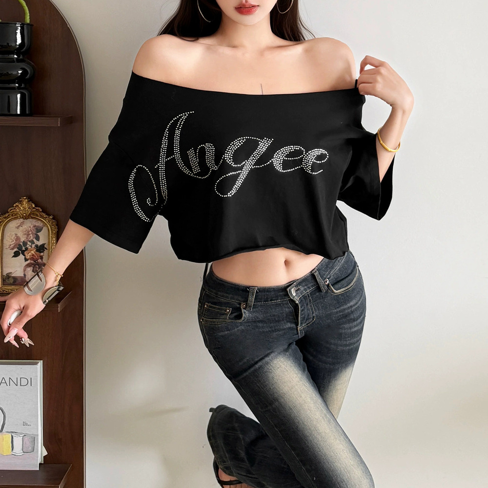 ZARA Summer American Retro Street Style Asymmetrical Off Shoulder Letter Tee